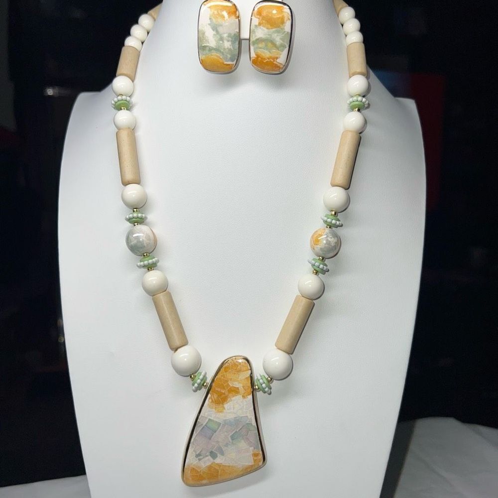 Vintage Mid Century Modern Japanese Art Pottery Necklace Earrings Set